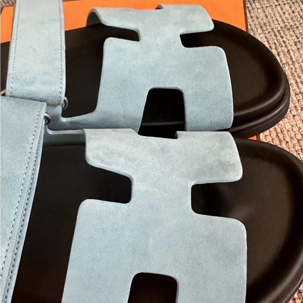 NIB HERMÈS Bleu Minéral Suede Women’s Chypre Sandals - Picture 6 of 11